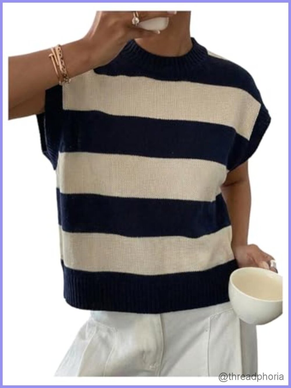 Sleeveless Knit Sweater Vest Acrylic Crew Neck Striped Casual Top
